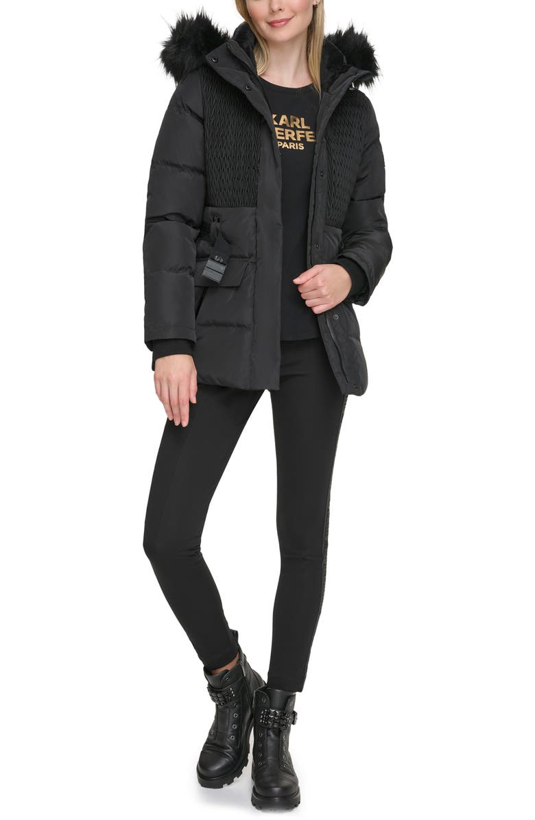 KARL LAGERFELD Smocked Belted Ski Puffer Jacket with Faux Fur Hood, Alternate, color, Black