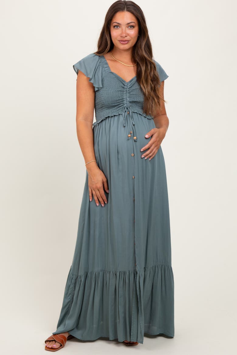 Smocked Top Woven Maxi Dress, Alternate, color, Light Olive