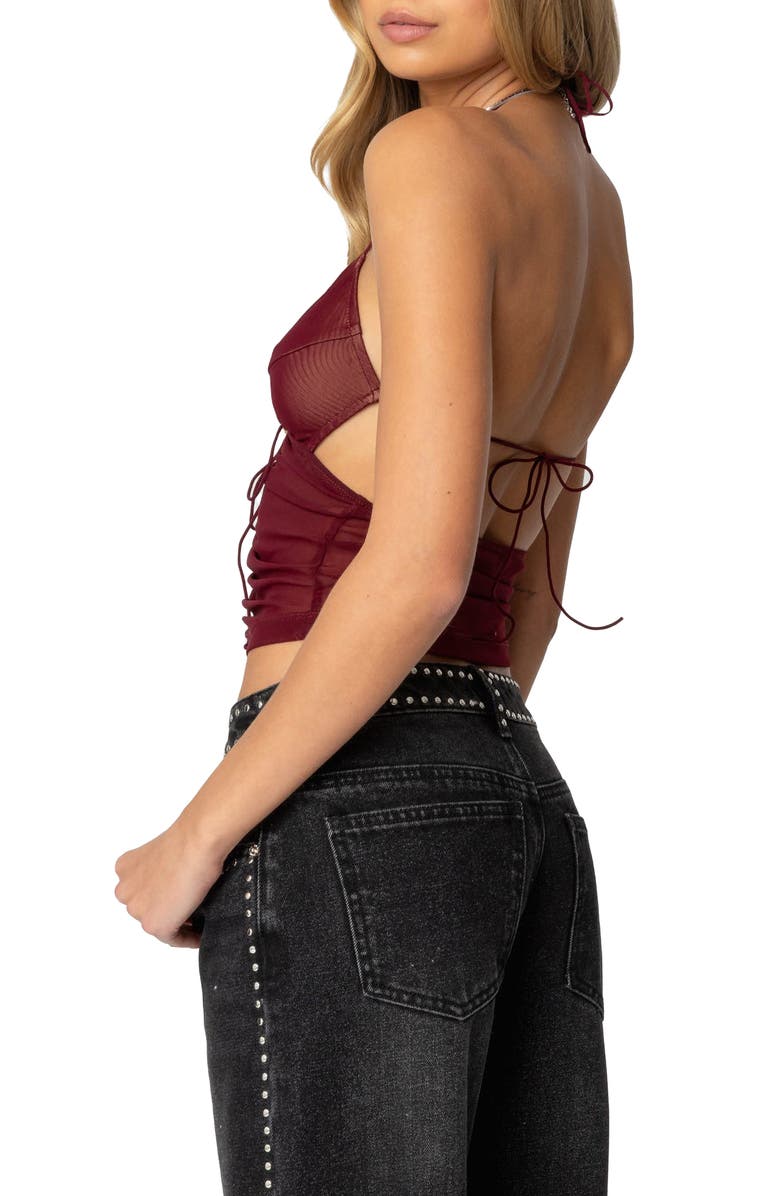 EDIKTED Strappy Ruched Mesh Camisole, Alternate, color, Burgundy
