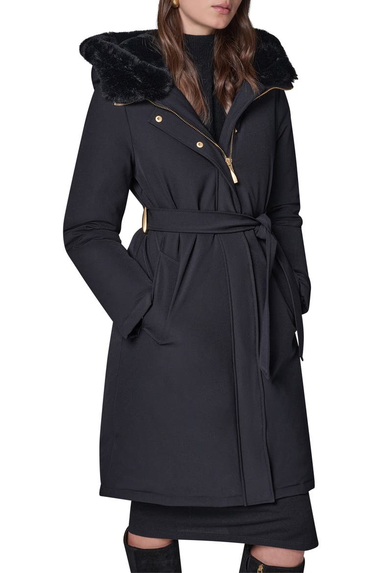 Belted Coat with Faux Fur Lined Hood, Alternate, color, BLACK