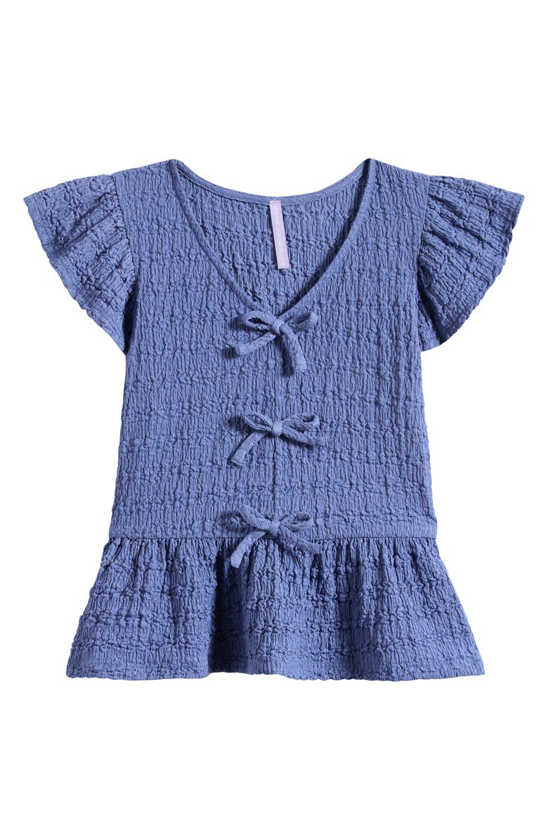 Good Luck Girl Kids' Flutter Sleeve Bow Trim Top, Main, color, Deep Sea