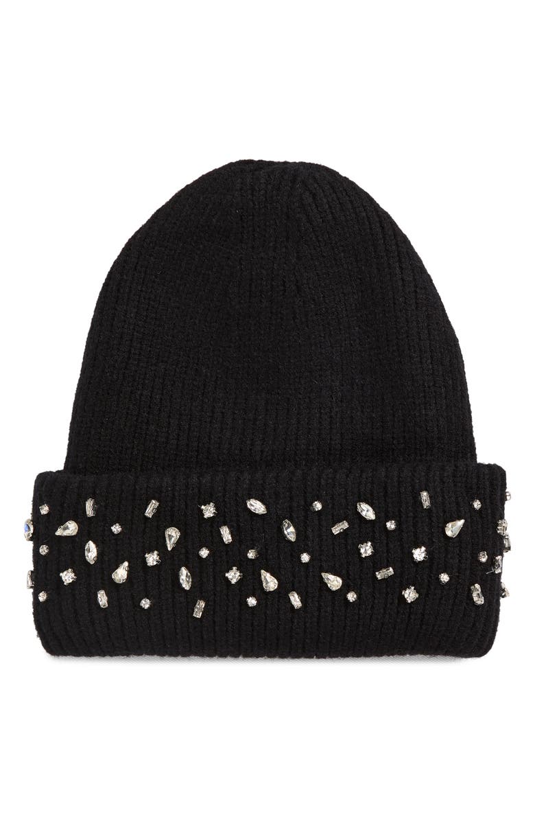 Tasha Crystal Cuffed Beanie, Main, color, Black