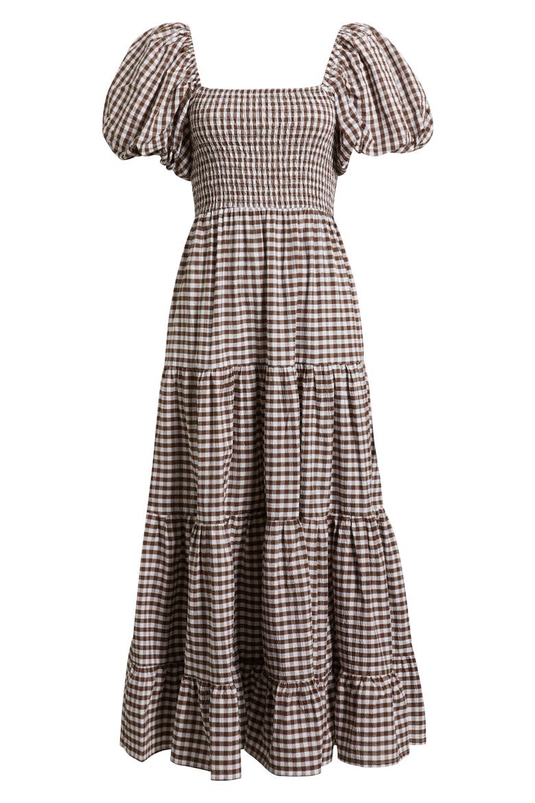 Pollen Gingham Check Midi Dress, Alternate, color, BROWN