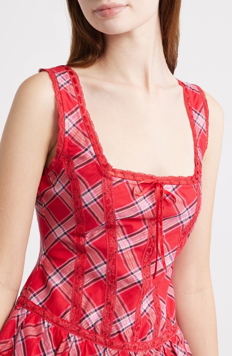 LoveShackFancy Torres Metallic Plaid Cotton Blend Minidress, Alternate, color, Cherry Jubilee