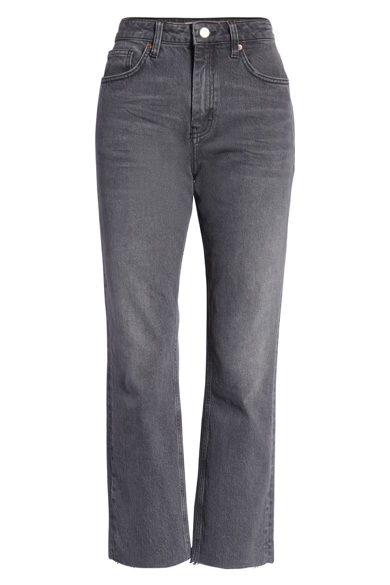 High Waist Raw Hem Straight Jeans, Alternate, color, WASHED BLACK