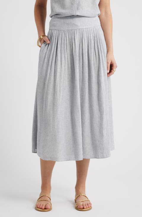 Pull-On Linen Blend Midi Skirt