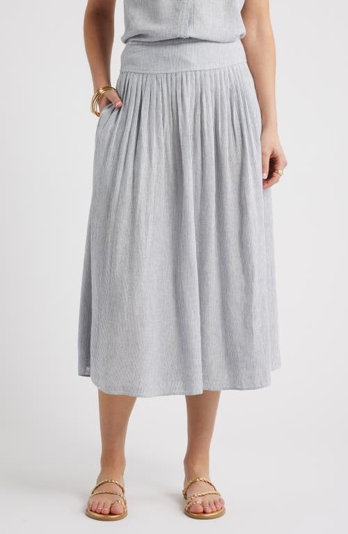 caslon(r) Pull-On Linen Blend Midi Skirt in Blue Vintage Leah Stripe at Nordstrom, Size Large