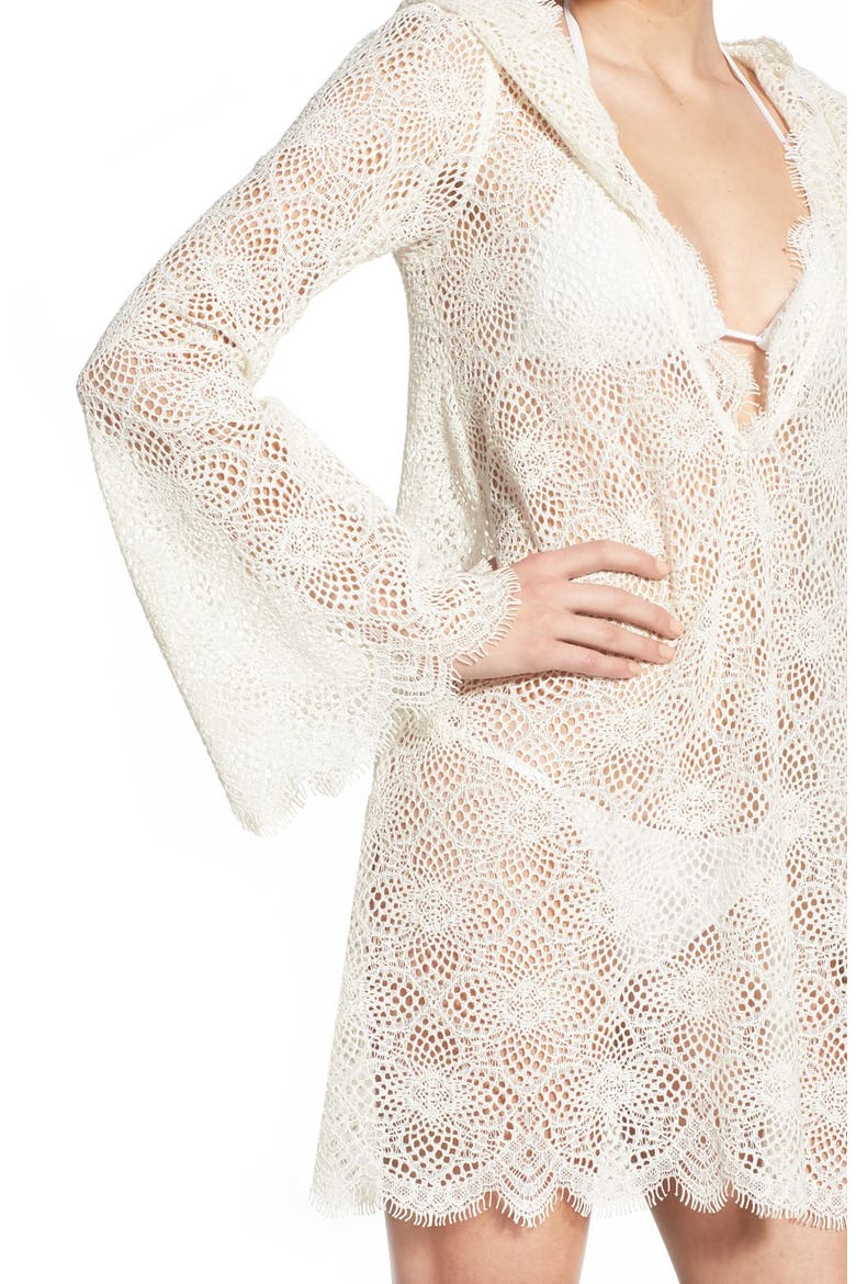 'Cannes' Floral Lace Hooded Cover-Up, Alternate, color, WHITE
