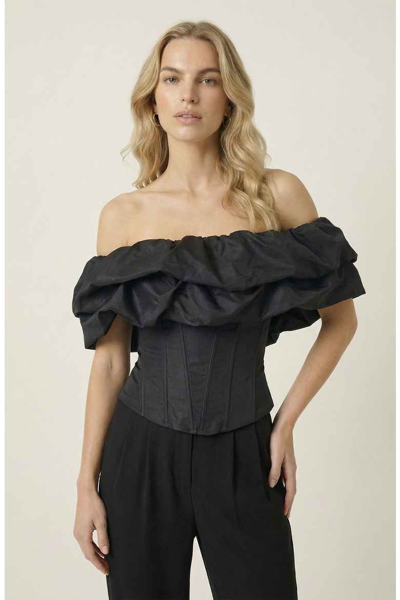 Off Shoulder Ruffle Overlay Corset Top, Main, color, Black