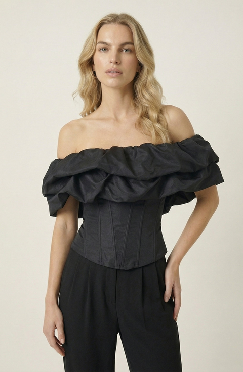 Off Shoulder Ruffle Overlay Corset Top