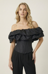 Modenaire Off Shoulder Ruffle Overlay Corset Top