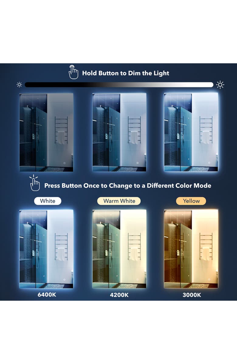 JONATHAN Y Nora Rectangular Frameless Antifog Back-Lit Wall Bathroom Vanity Mirror with Smart Touch, Alternate, color, 