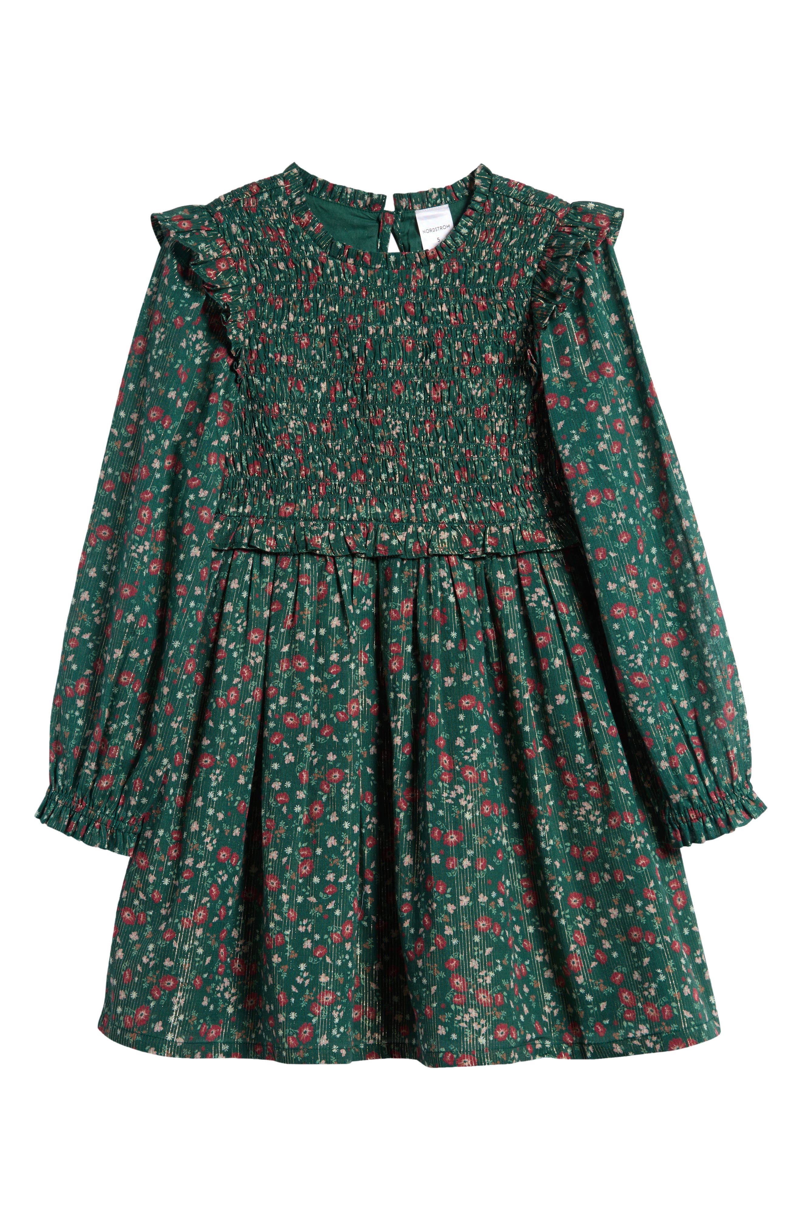 Nordstrom Kids' Floral Metallic Thread Long Sleeve Dress