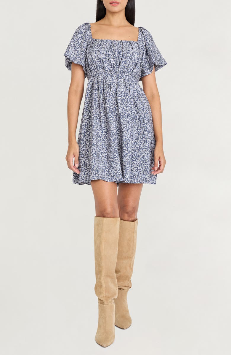 The Good Journey Puff Sleeve Smocked Minidress, Main, color, Denim/ Beige