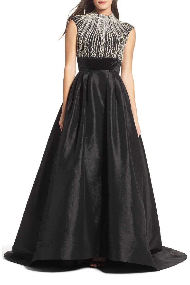 Crystal & Satin Ballgown, Main, color, BLACK