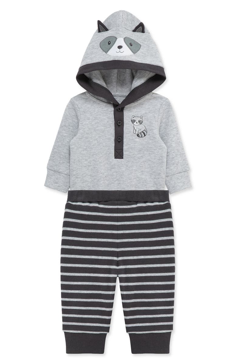 Little Me Raccoon Hooded Cotton Bodysuit & Pants Set, Alternate, color, Grey