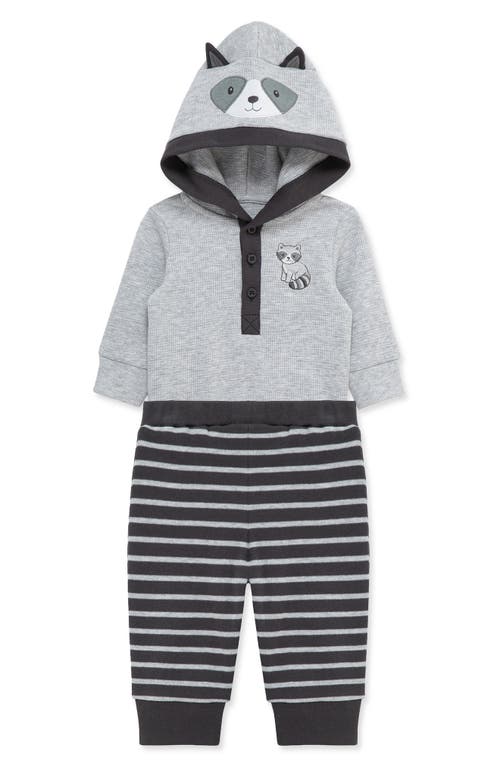 Little Me Raccoon Hooded Cotton Bodysuit & Pants Set In Gray