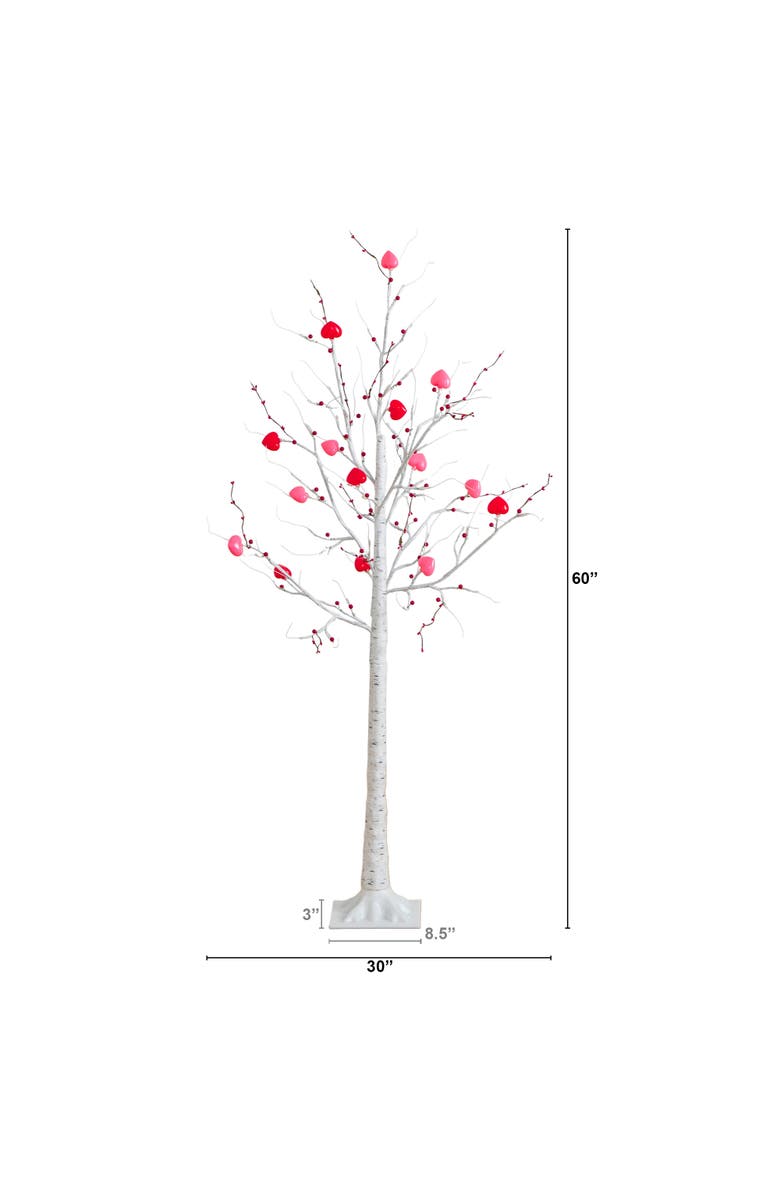 NEARLY NATURAL 5-ft Pre-Lit Artificial Valentine's Day Twig Tree with 72 Heart Shaped LED Lights and Red Berries, Alternate, color, White