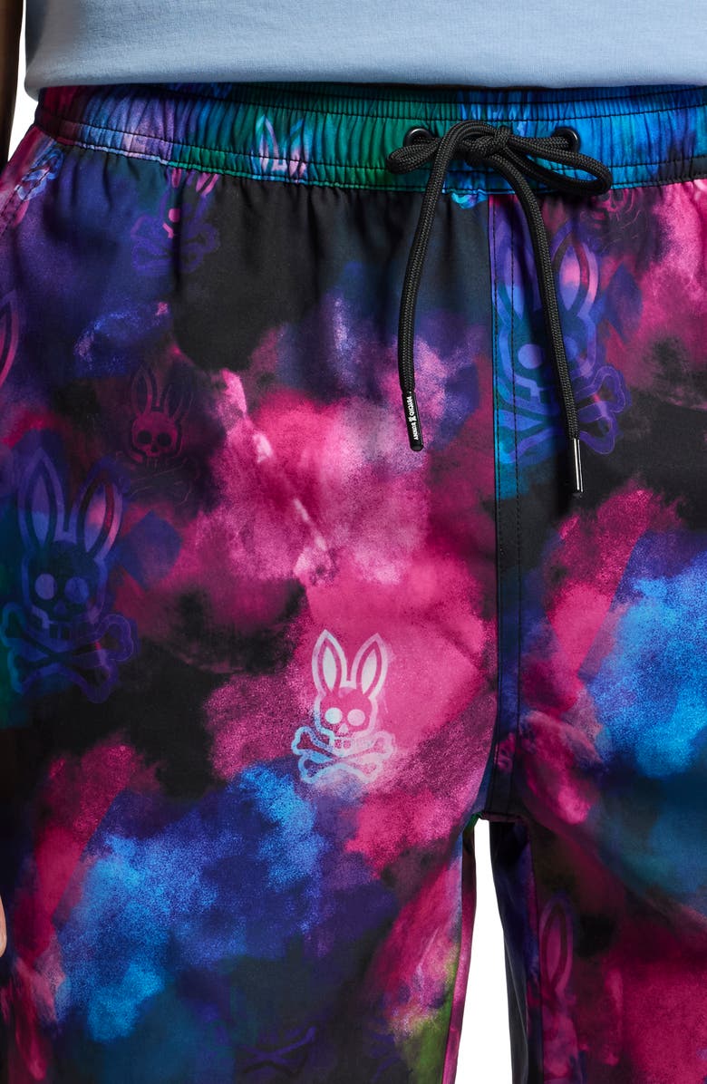 Psycho Bunny Dokos Print Swim Trunks, Alternate, color, Black