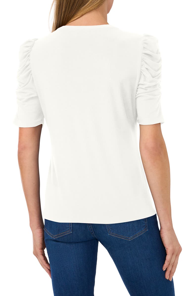 CeCe Ruched Sleeve Crepe Knit Henley, Alternate, color, New Ivory