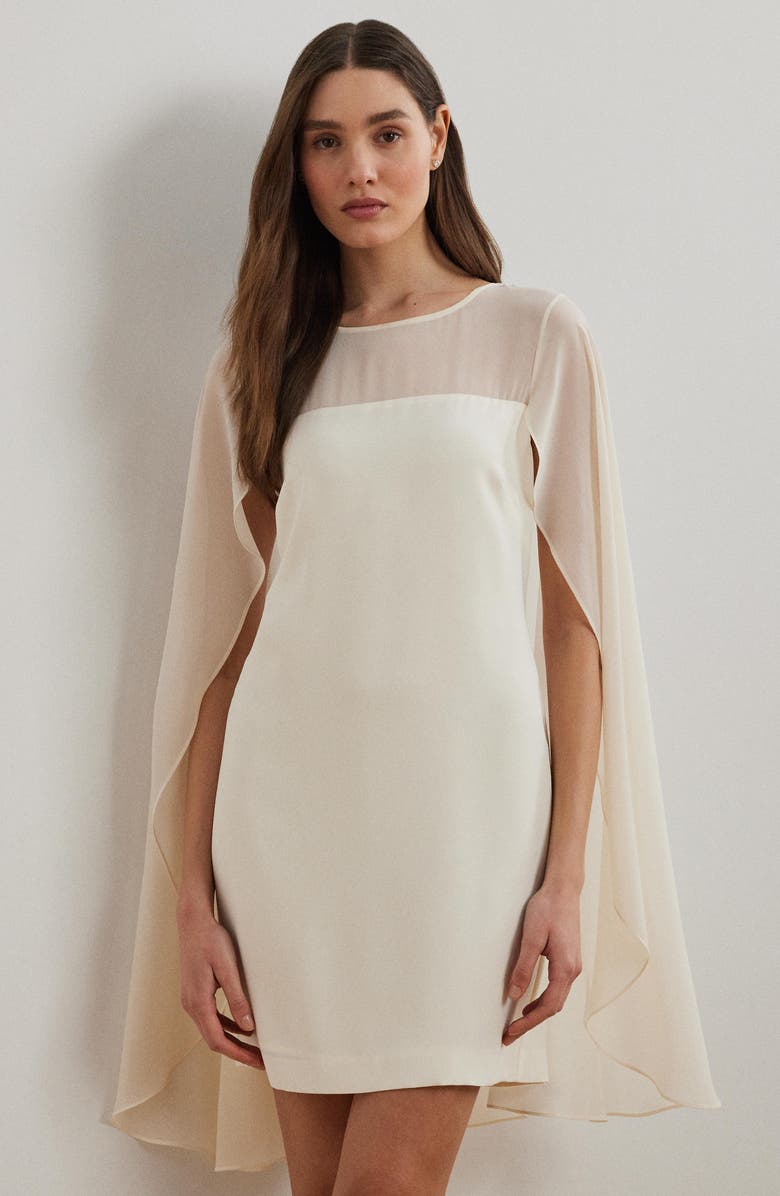 Lauren Ralph Lauren Cape Long Sleeve Cocktail Minidress, Alternate, color, Mascarpone Cream
