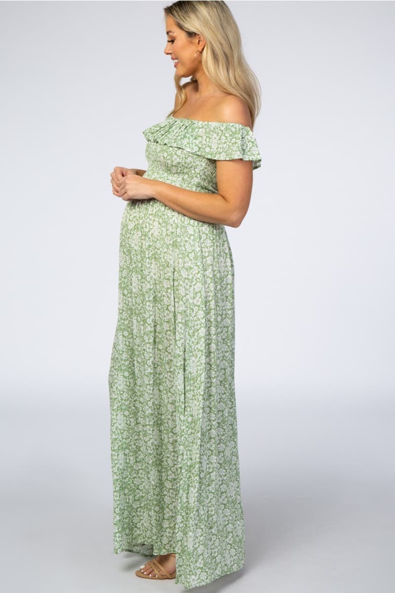 Floral Ruffle Off Shoulder Maxi Dress, Alternate, color, Light Olive
