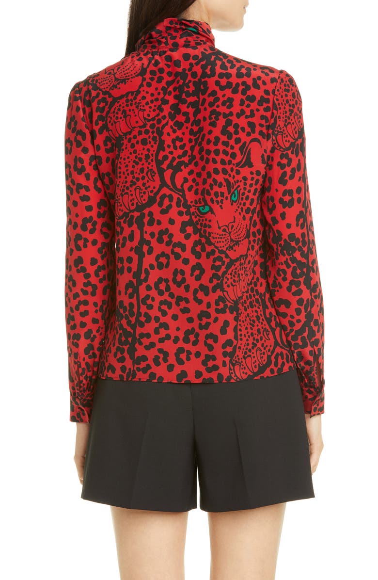 RED Valentino Leopard Print Tie Neck Silk Blouse, Alternate, color,