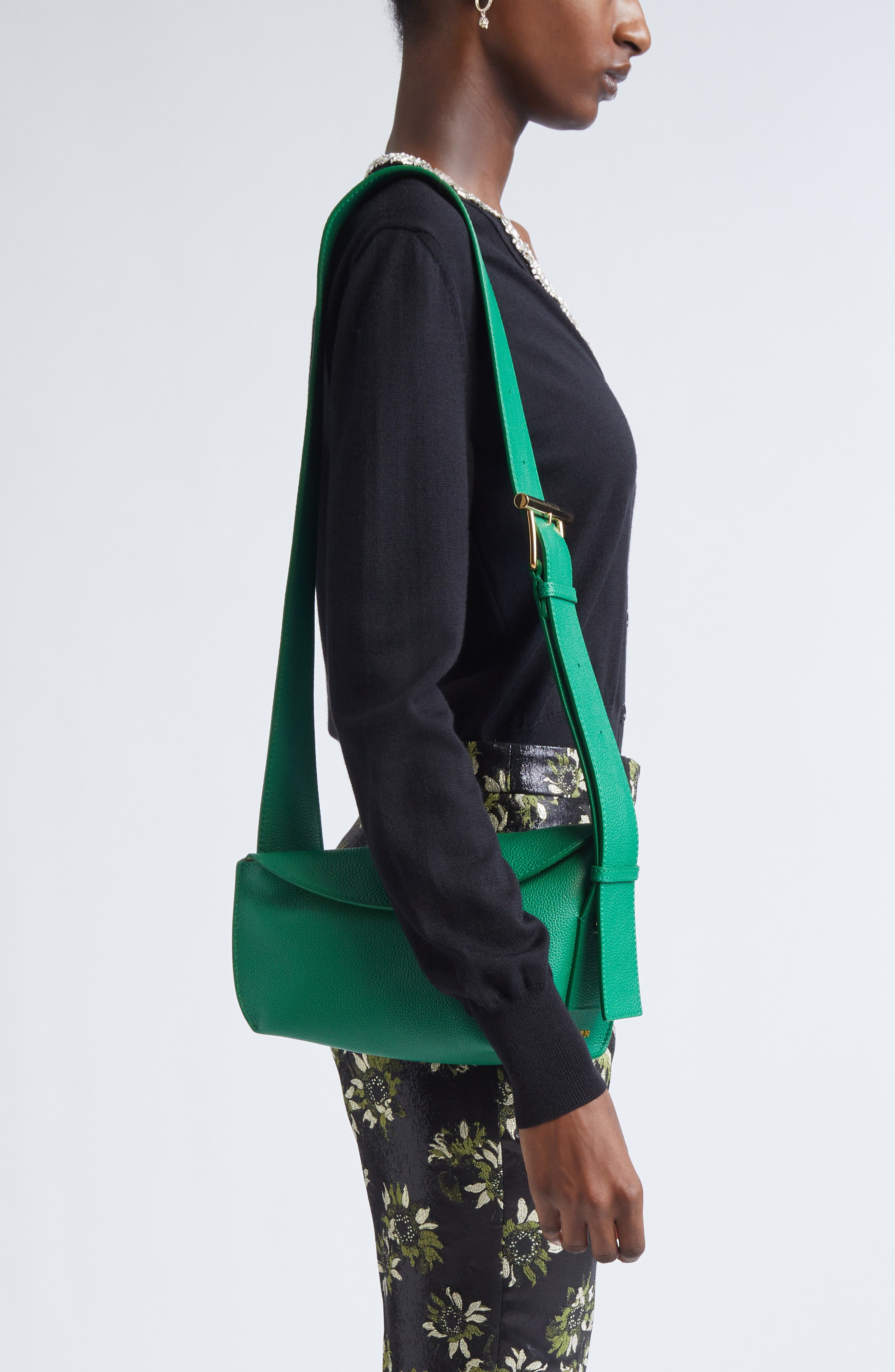 McQueen T-Bar Leather Sling Bag, Alternate, color, Viridian/ Gold