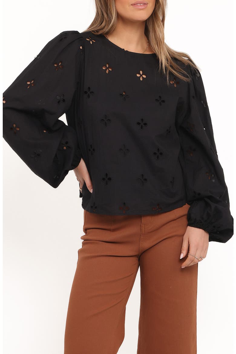 Aggie Embroidered Eyelet Balloon Sleeve Top, Main, color, BLACK