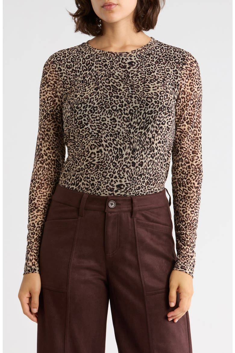 Print Long Sleeve Sheer Top, Main, color, COCOA LEOPARD
