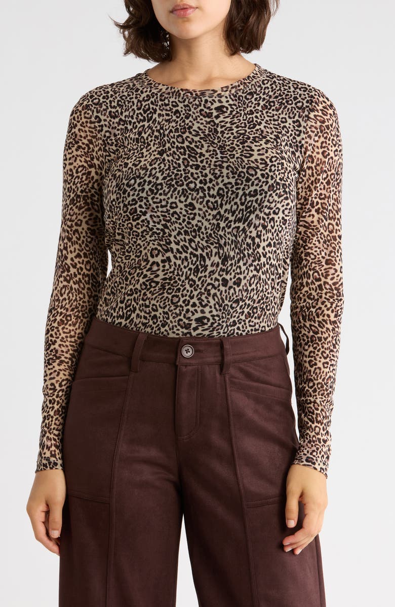 Sanctuary Print Long Sleeve Sheer Top, Main, color, Cocoa Leopard