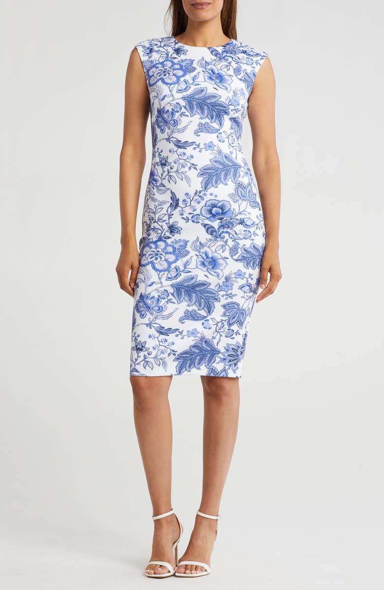 Vince Camuto Floral Sleeveless Scuba Knit Body-Con Dress, Main, color, Blue