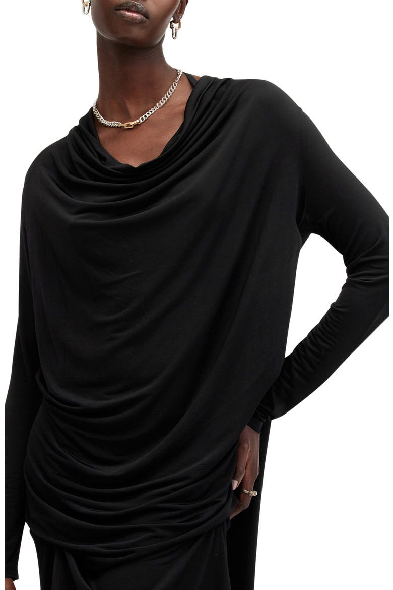 Amei Draped Long Sleeve Minidress, Alternate, color, BLACK