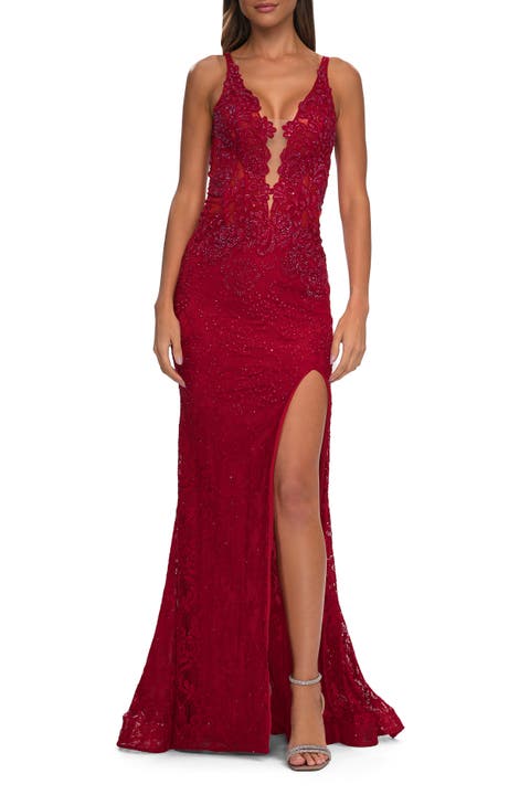 Long Lace Dress with Plunging Neckline