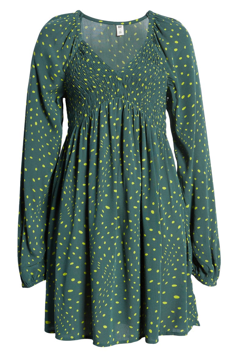 V-Neck Long Sleeve Babydoll Minidress, Alternate, color, GREEN MOSS WARPY DOT