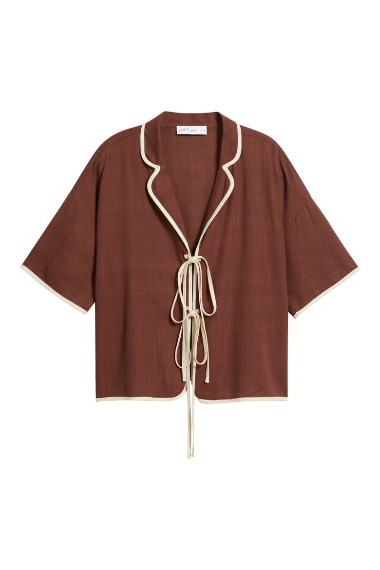Dalton Tie Front Cotton & Linen Shirt, Alternate, color, BROWN CREAM