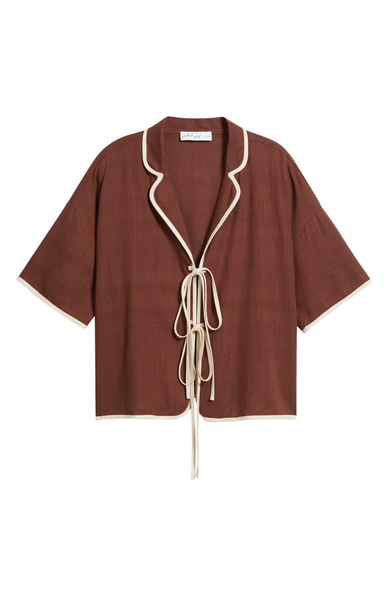 Petal & Pup Dalton Tie Front Cotton & Linen Shirt, Alternate, color, Brown Cream