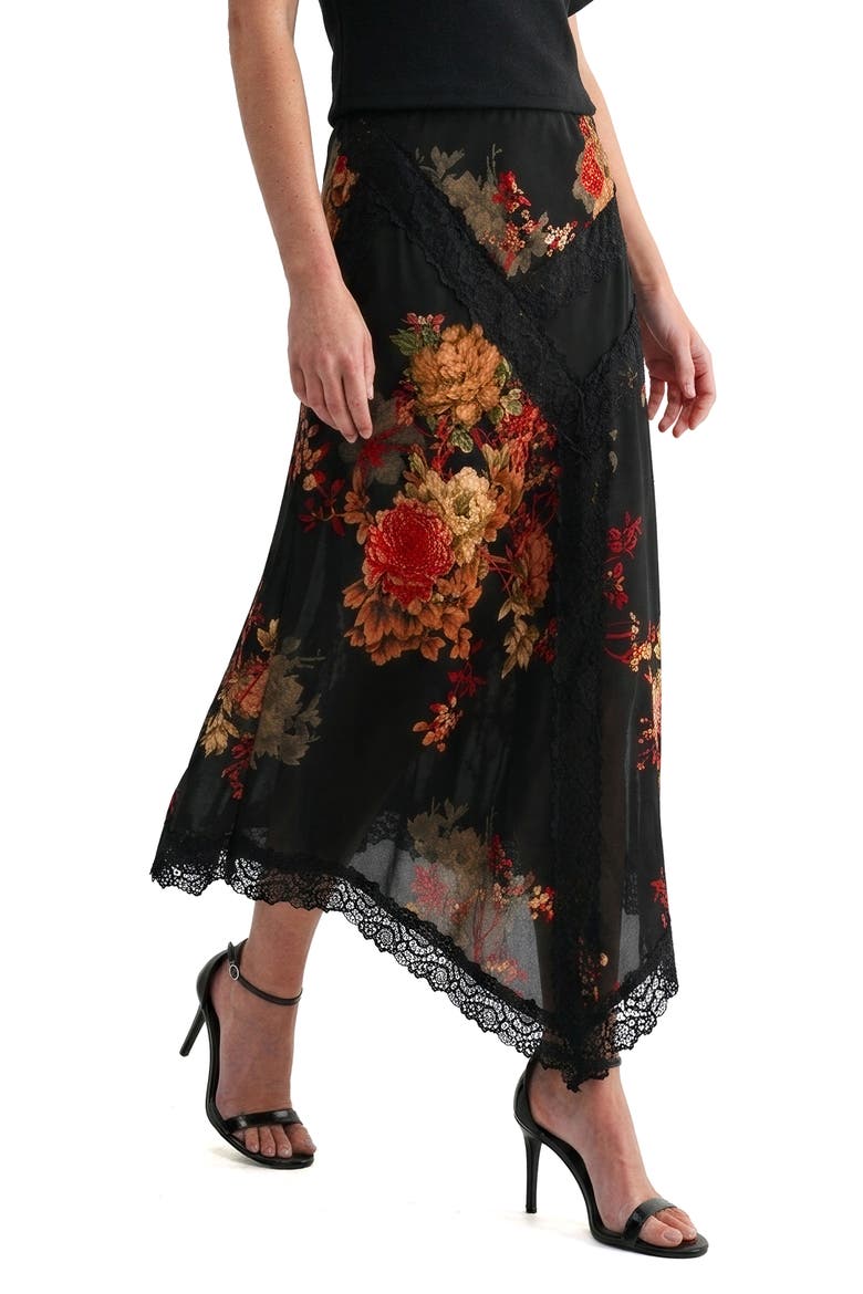 Lace Trim Asymmetrical Midi Skirt, Alternate, color, BLACK FLORAL