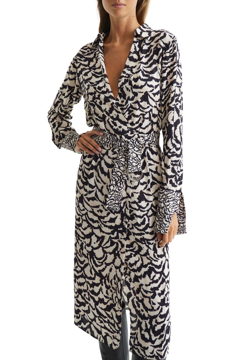 Evie Animal Print Belted Long Sleeve Dress, Alternate, color, BLACK/ WHITE
