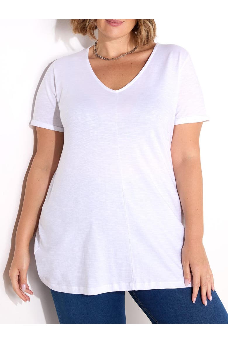 Cotton Slub V-Neck Longline T-Shirt, Alternate, color, White