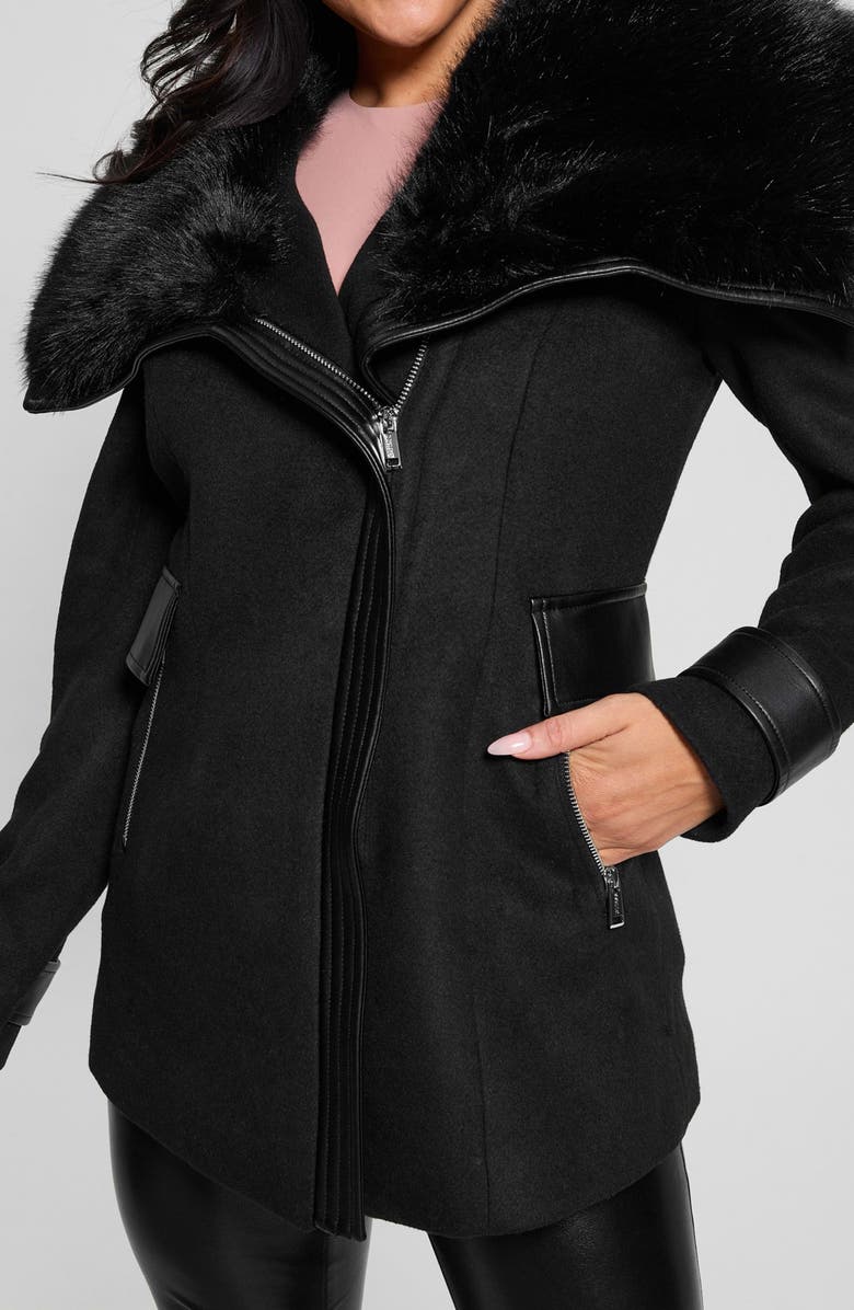 GUESS Lilia Melton Coat with Faux Fur Trim, Alternate, color, Black-Black