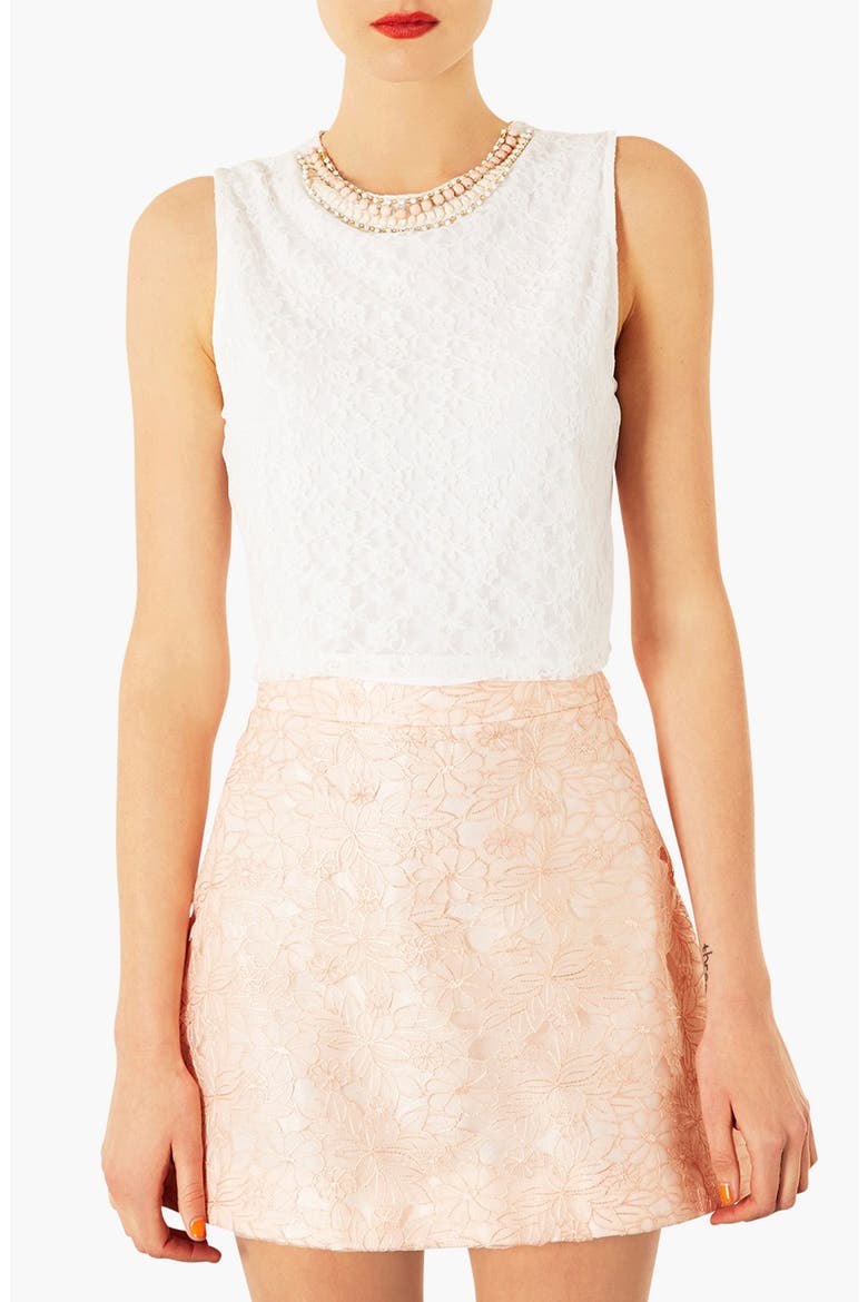 Embellished Neck Crop Top, Main, color, WHITE