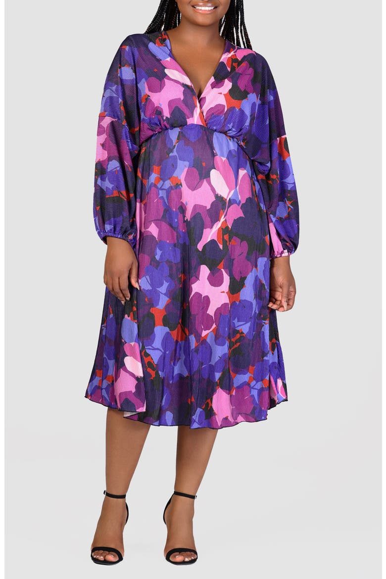 Print Long Sleeve Pleat Fit & Flare Dress, Main, color, PURPLE MULTI