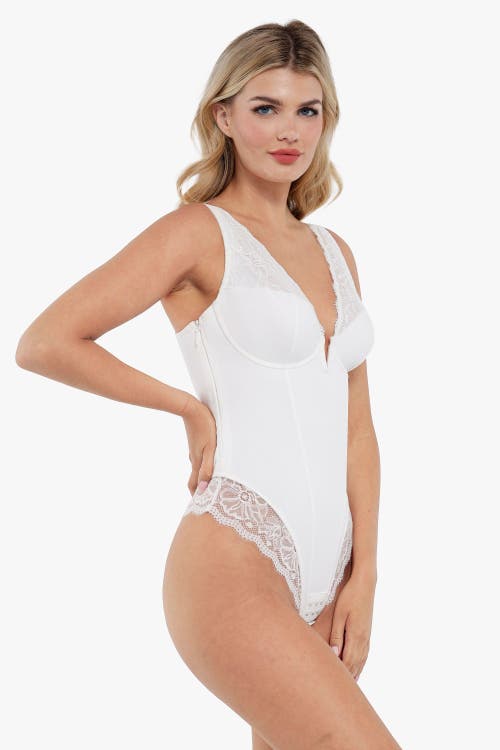 Popilush Shapewear Deep V-neck Sculpting Lace Inset Bodysuit In Pearl White