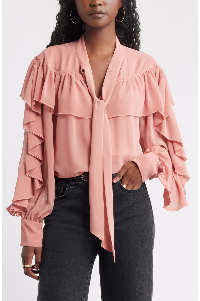 Tie Neck Ruffle Chiffon Top, Main, color, PINK DESERT