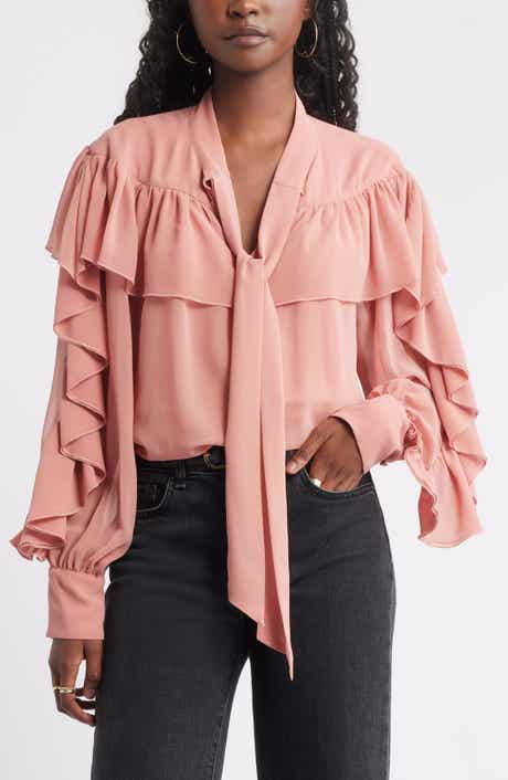Treasure & Bond Tie Neck Ruffle Chiffon Top