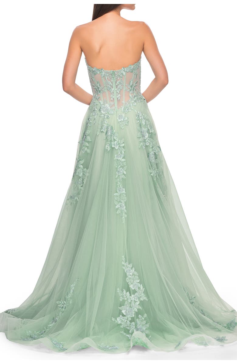 La Femme Sweetheart Strapless Gown with Beautiful Lace Applique, Alternate, color, Sage