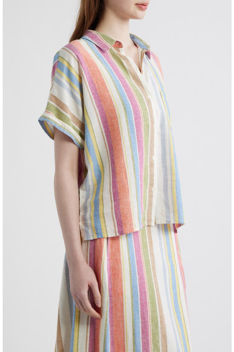 Stripe Linen Blend Short Sleeve Button-Up Shirt, Alternate, color, IVORY MULTI STRIPE