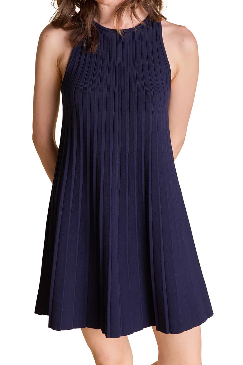 Pleated A-Line Knit Minidress, Alternate, color, NAVY