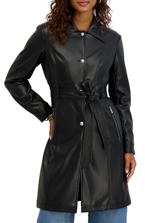 Belted Faux Leather Trench Coat